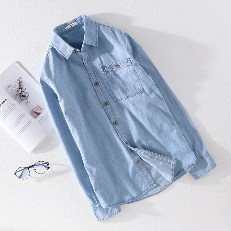 Camicia in denim sottile, a maniche lunghe, da uomo, casual, da indossare in primavera_voghion.com
