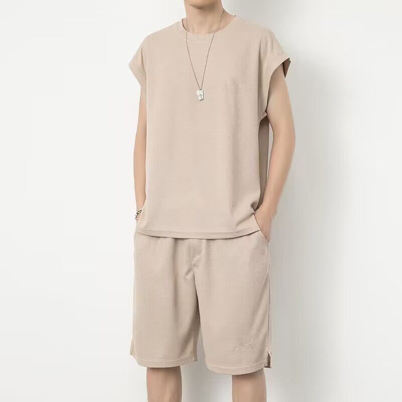 Completo sportivo da uomo in due pezzi, con maglietta senza maniche estiva, canotta casual, pantaloncini e sottile tessuto in seta ghiacciata_voghion.com