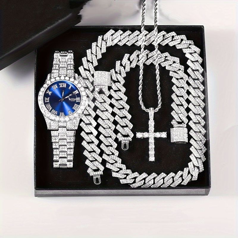 Watch Gift Set Popular Diamond Encrusted Luxury Steel Band Quartz Watch And Diamond Encrusted Hip Hop Cuban Bracelet Matching Watch_voghion.com