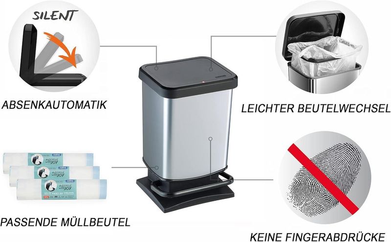 Paso Trash Can 20L With Lid And Pedal, Rotho Plastic Waste Bin, Silver_voghion.com