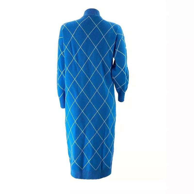 Modest Longline Cardigan For Muslim Women – Elegant Diamond Knit Open Front Cover-Up, Breathable Polyester Blend, Oversized Length (100cm+), Grey/Blue_voghion.com