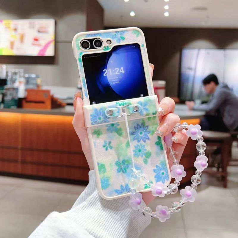 For Samsung Galaxy Z Flip 3 4 5 5G Flip4 Cute Leather Pearl Flower Chain Strap Phone Case Cover_voghion.com
