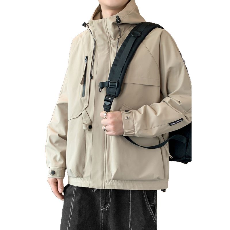 Giacca da lavoro con cappuccio, giacca casual ampia da uomo, giacca mimetica con colletto rialzato e tasche grandi_voghion.com