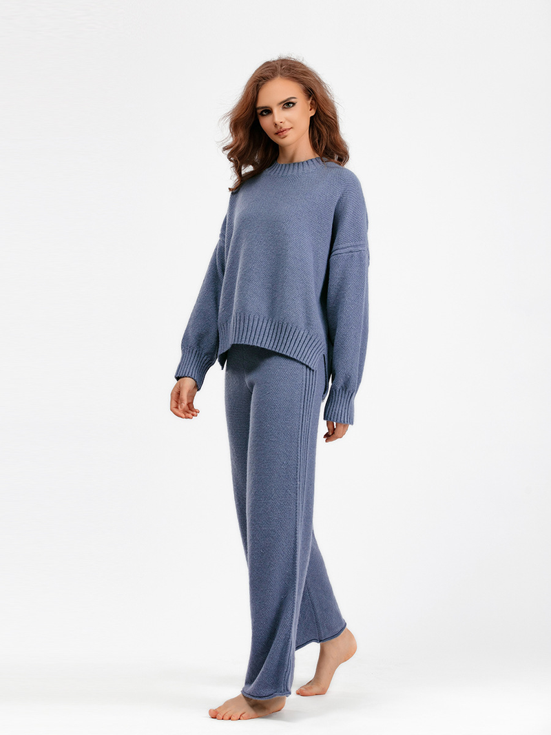 Dammekleeder Hierscht a Wanter nei Moud Casual Strickkostüm Hosen Dammenversioun locker Pullover Breetbeen Hosen Hosen Zwee-Stéck Set_voghion.com