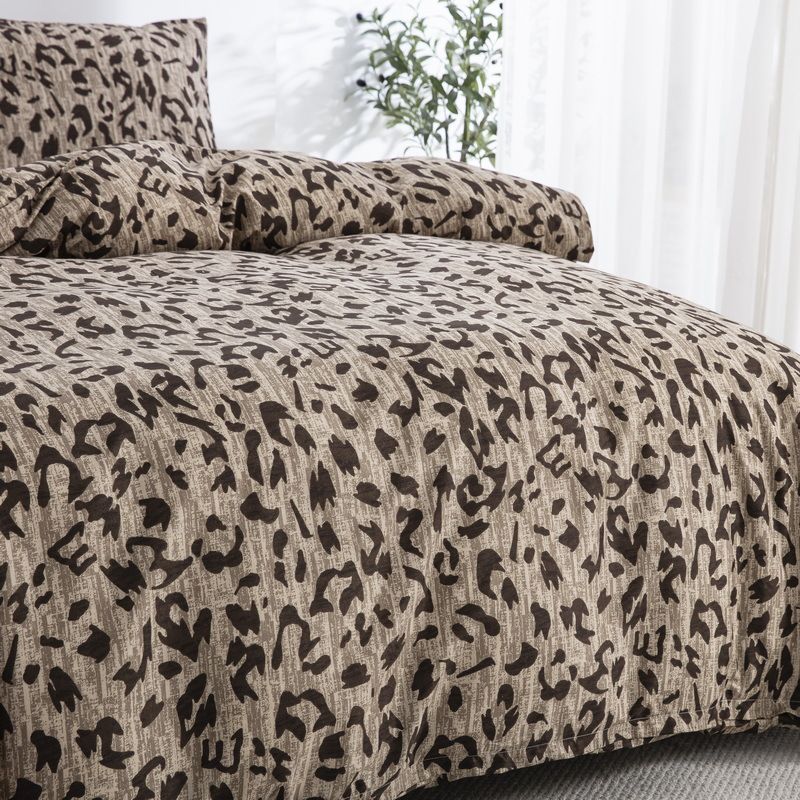 Blødt fiber brunt leopardprint dynebetræk sengetøjssæt i tre dele_voghion.com