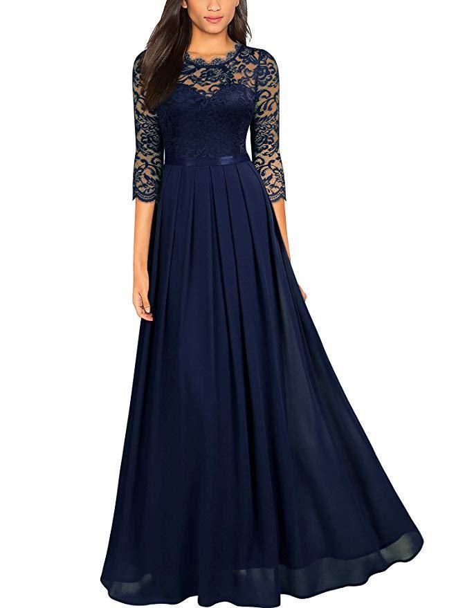 Abbigliamento Donna Abito in Chiffon Girocollo Pizzo Abito Lungo Abito da Sera per Donna_voghion.com