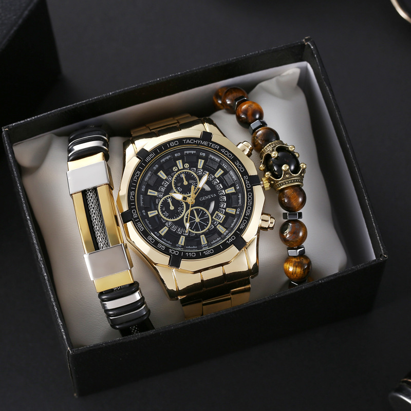 Men's Watches Non Mechanical Watch Set Men's Fashion Casual Steel Band Quartz Watch + Versatile Bracelet 3pcs/set_voghion.com