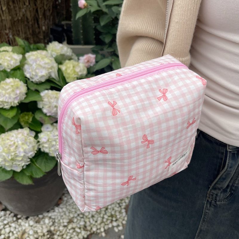 Begge Kosmetiktasche mit karierter Schleife – großes Fassungsvermögen und stilvoll (süßer Make-up-Organizer für Reisen und den täglichen Gebrauch)_voghion.com