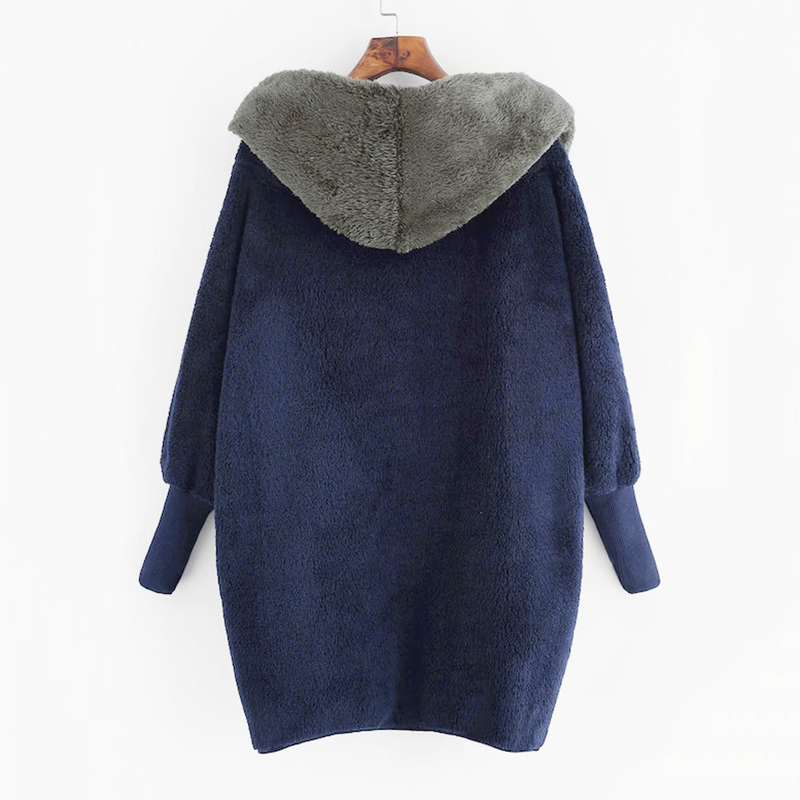 Damjacka med färgblockad lös cardigan med luva i sammet_voghion.com