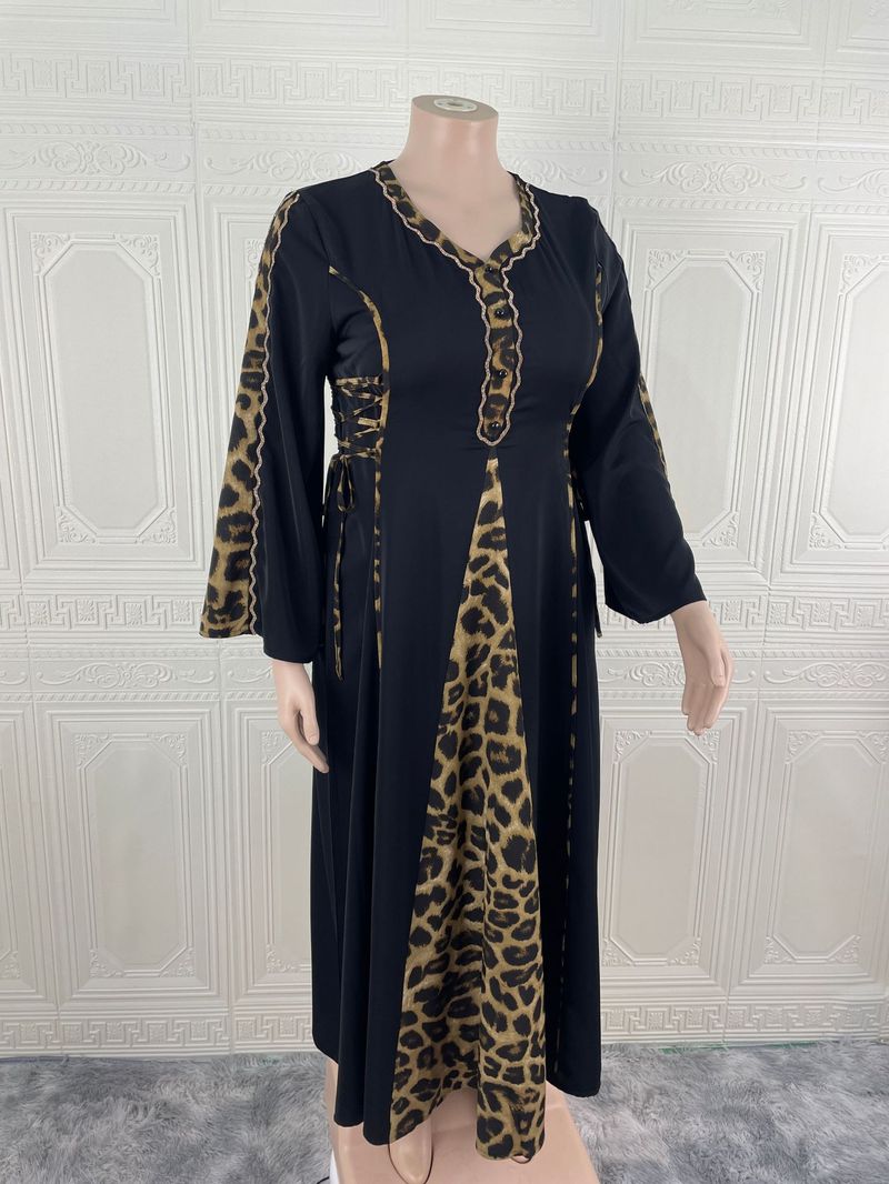 Elegante abito abaya musulmano da donna con finiture leopardate – Abito lungo a maniche lunghe e sobrio per donna, taglie forti 0XL-5XL_voghion.com