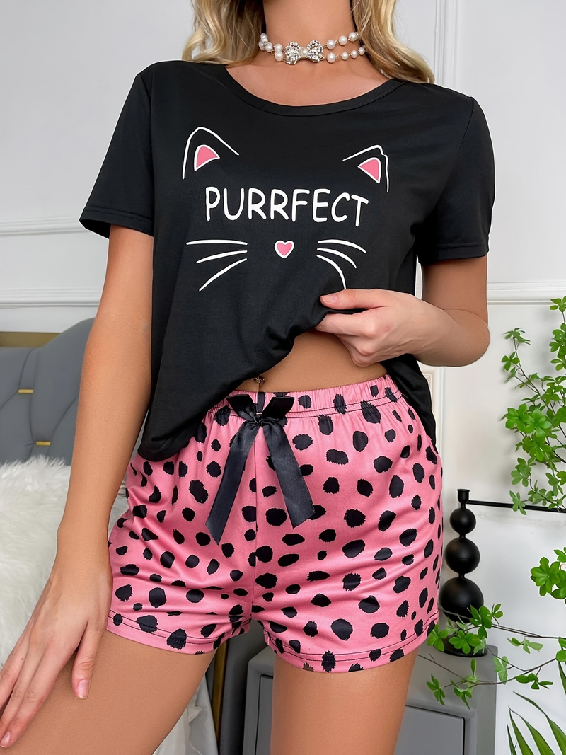 Conjunto de pijama de dos piezas para mujer de verano, camiseta estampada bonita, pantalones cortos, pijama para usar en casa_voghion.com