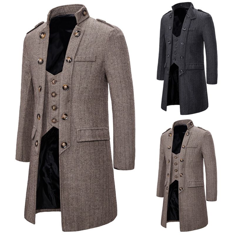 Herrenbekleidung Mantel langer Stil Männer gefälschte zwei Fischgräten-Tweed-Mantel-Trenchcoat_voghion.com