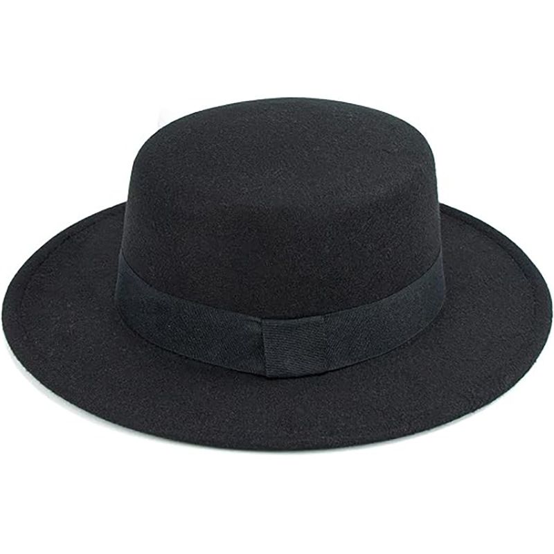 Cappello piatto in lana nera, cappello a tesa piatta, cappello a forma di feltro, cappello da cowboy in lana alla moda per autunno e inverno_voghion.com