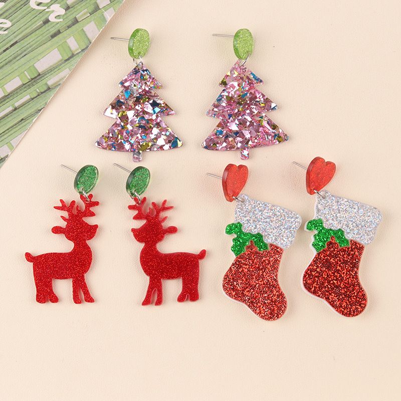 Cartoon-Design Acryl Rentier Weihnachtsbaum Ohrstecker Mode Socke Ohrringe Schmuck für Frauen_voghion.com