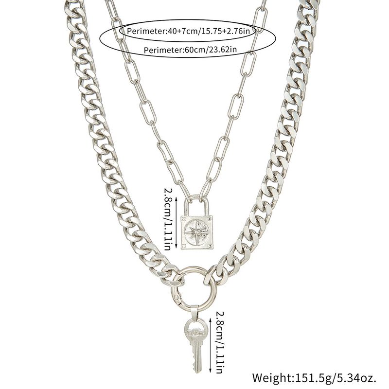Double Layer Cuban Chain Necklace Retro Punk Lock Key Pendant Clavicle Chain Multi Layer Stacking Sweater Chain Female_voghion.com