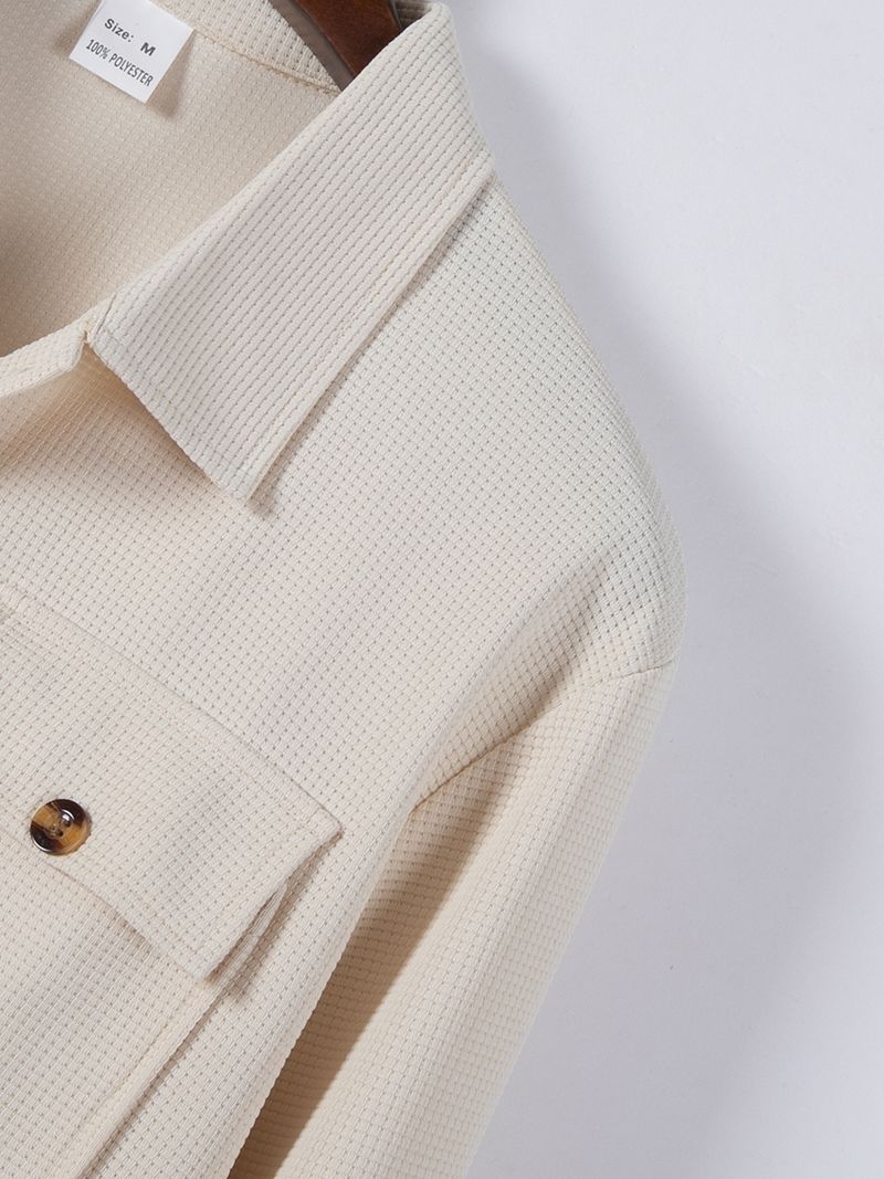 Herbst Herren Einfarbig Neue Waffel Doppel Tasche Strickjacke Knopf Langarm Casual Shirt_voghion.com
