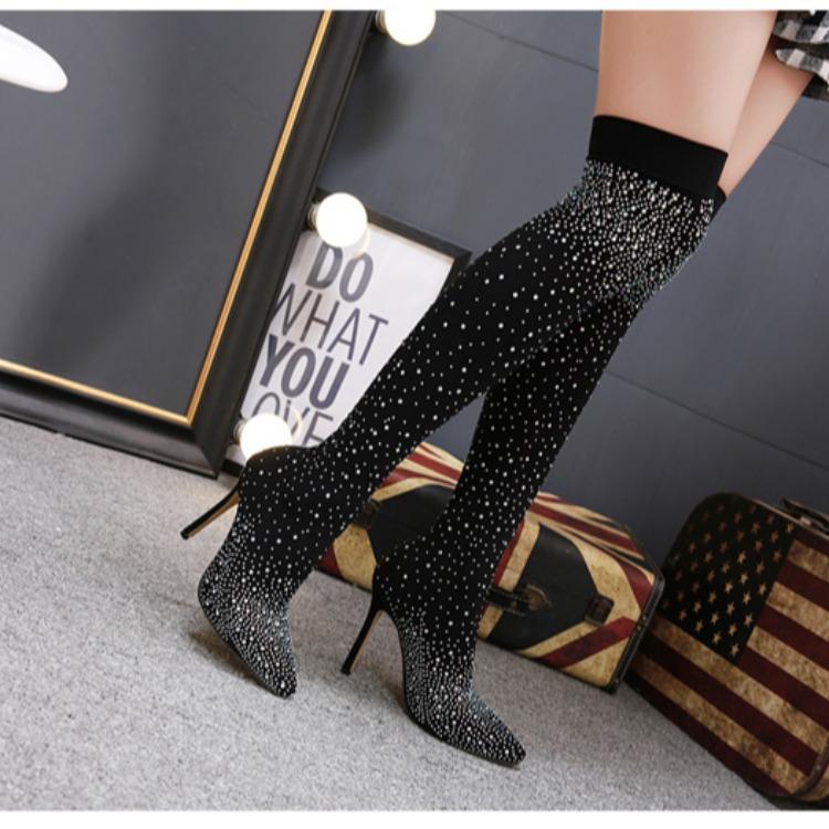 Diamante Knee Long Tube Socks High Heel Rhinestone Pointed Toe Over-the-Knee Boots_voghion.com