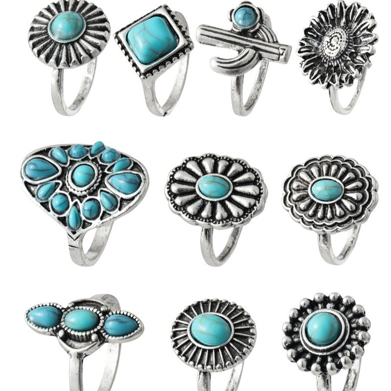 New Exaggerated Geometric Flower Turquoise Water Drop Ring Set Of Ten_voghion.com