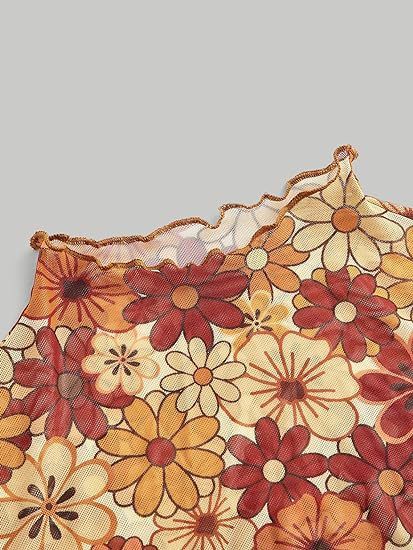 Top corto da donna con maniche a campana in rete floreale, colletto arricciato e orlo a lattuga_voghion.com