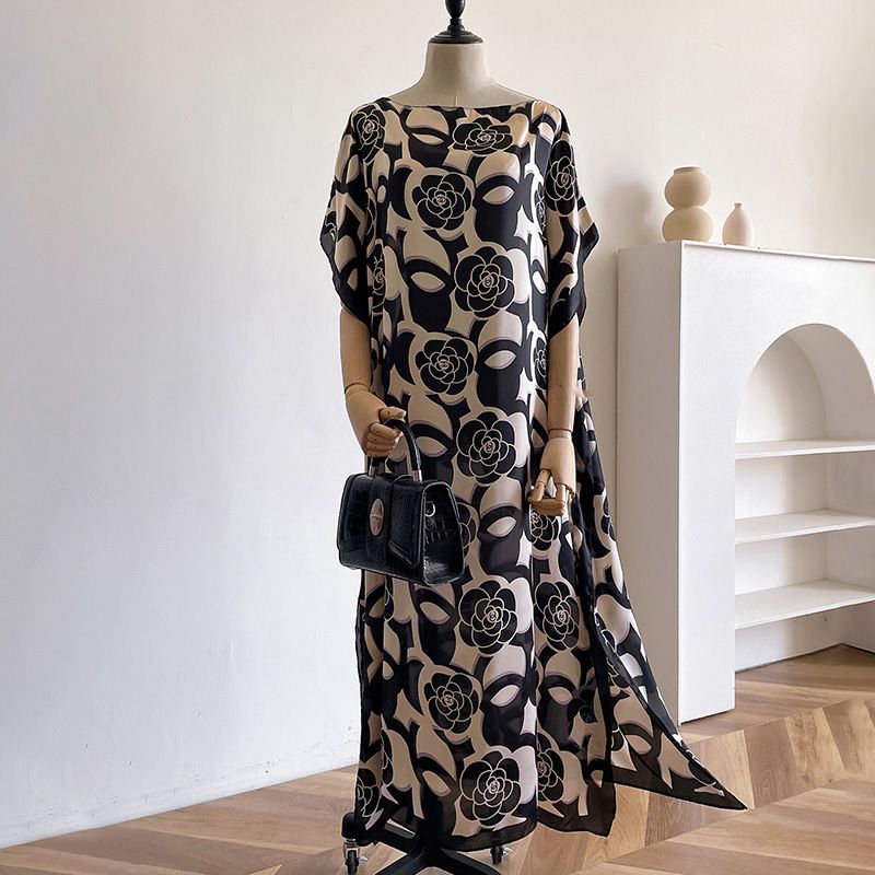 Sommer neues lockeres langes Kleid, schlicht und lang, Brokat, Sonnenschutztemperament, Seidenschal, Strandurlaubsstil, Reisen_voghion.com