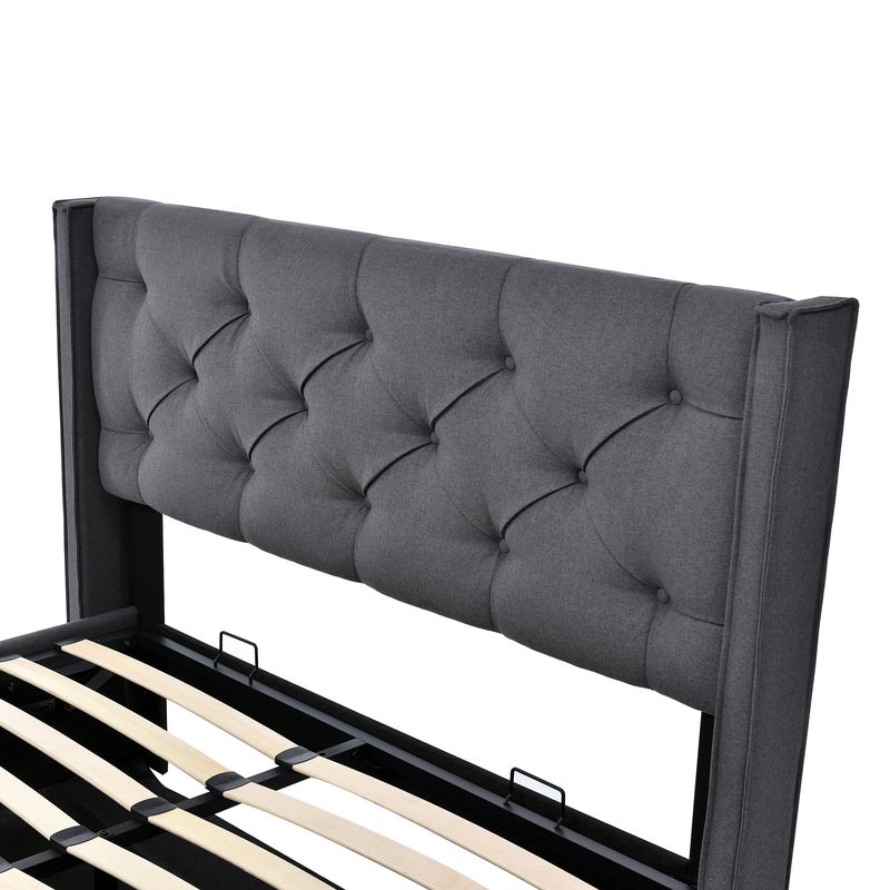 Cadre de lit coffre hydraulique avec sommier à lattes, lit double rembourré moderne 140 x 200 cm, tissu coton, gris, structure en métal_voghion.com
