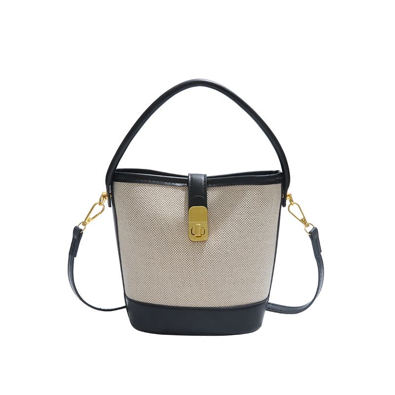 Neuer einfacher Eimer für Frauen im koreanischen Stil, vielseitige Farbblock-Umhängetasche mit Reißverschluss und Schnalle, Handtasche, Umhängetasche_voghion.com