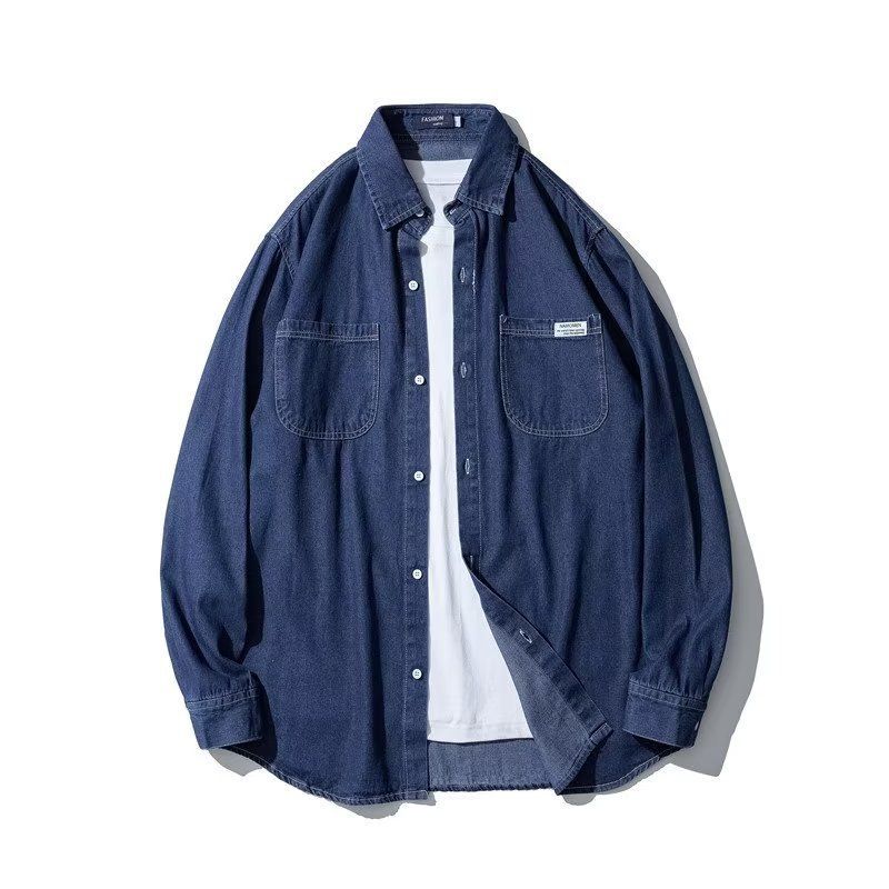 Camicia in denim da uomo, autunno, tendenza, ampia, sottile, stile Hong Kong, blu scuro, a maniche lunghe, casual, da uomo e da donna_voghion.com