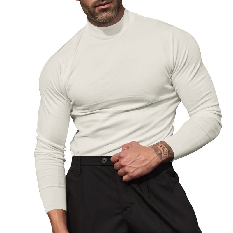 Unschlagbare Qualität Herren Herbst und Winter Deutscher Samt Einfarbig Lang Geschnittenes T-Shirt Basishemd Eng Anliegendes Halbhoher Hals Herren_voghion.com