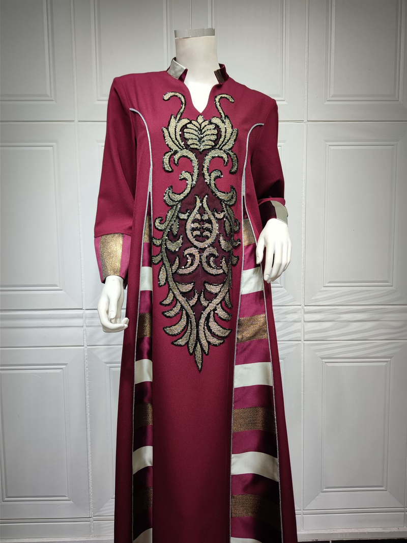 Kvinders broderede stribede abaya muslimske muslimske abaya_voghion.com