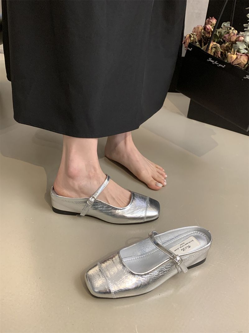 Hidden Wedge Thick Sole Silver Single Closed Toe Half Slippers Women Outdoor Summer French Fairy Style Mary Jane Shoes_voghion.com