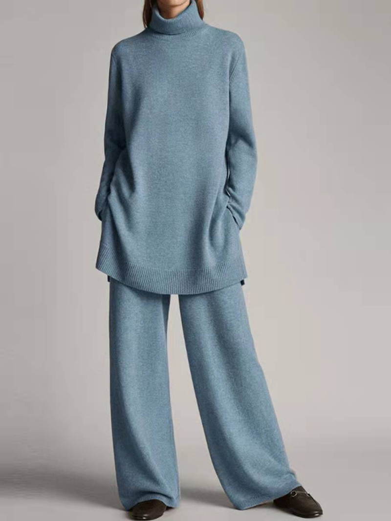 Women's clothing Knitted Solid Color High Collar Loose Casual Two-piece Suit_voghion.com