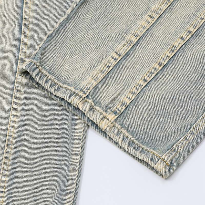 Herrkläder denim applikationer broderi rå kant tvättade distressed jeans herr high street retro byxor med vida ben_voghion.com