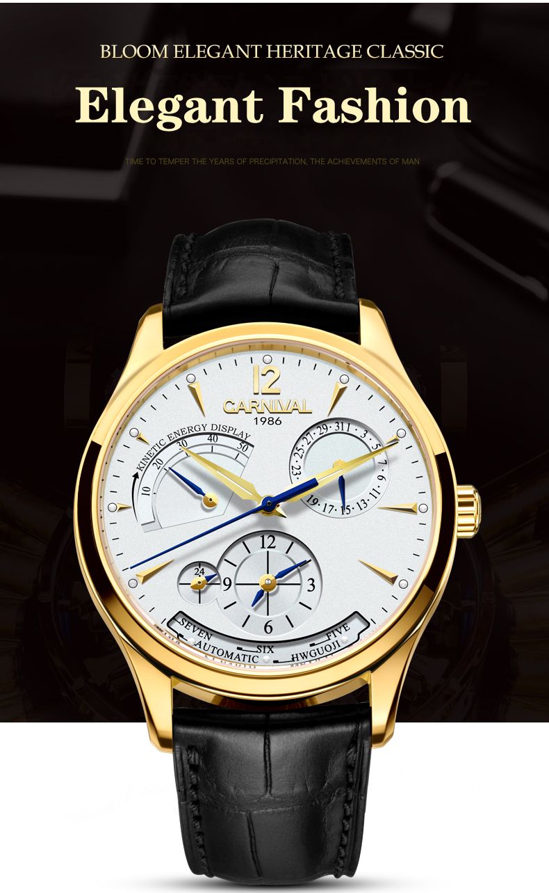 CARNIVAL Second Time Zone Kinetic Energy Display Watch Men Sapphire Automatic Mechanical Watches Man Watch Leather Waterproof_voghion.com