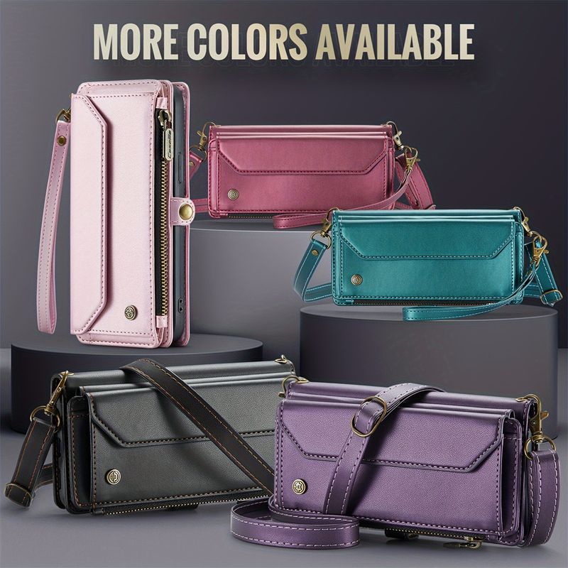 Wireless Charging, Blocked Card Slot, Flip Open PU Leather Protection - Compatible with 12/13/14/15 Plus Pro Max, Phone Case with Shoulder Bag Design_voghion.com
