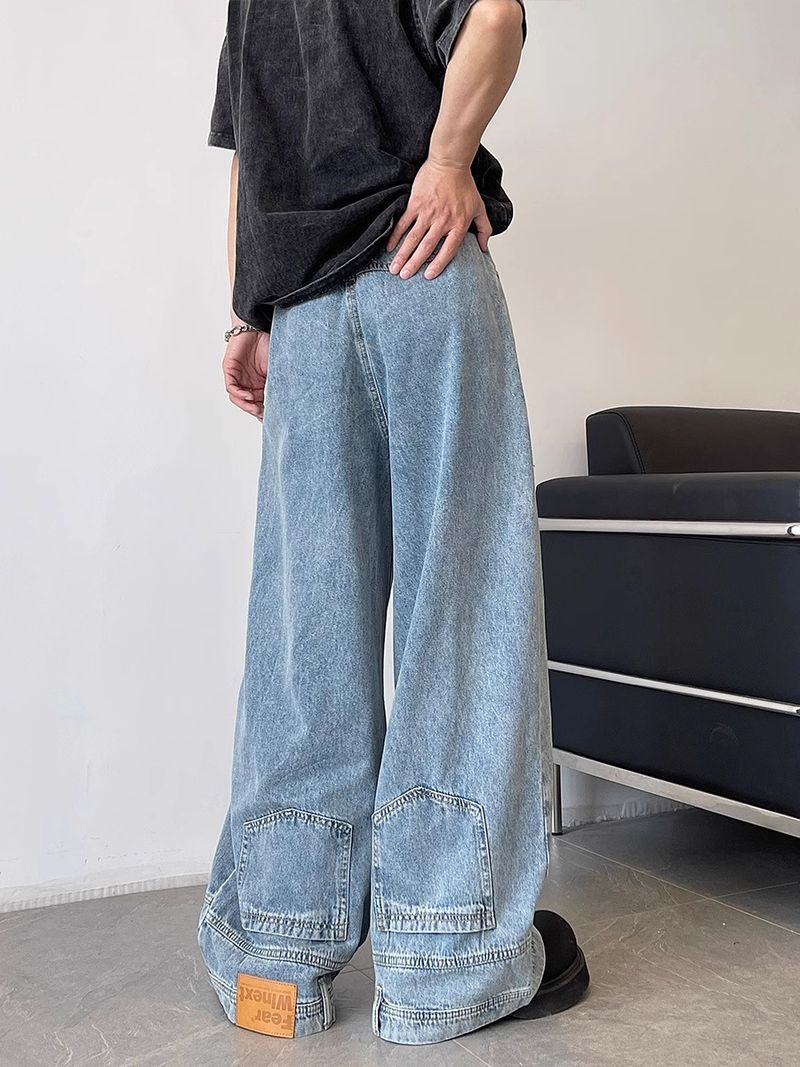 Hong Kong Style Design Wide-leg Jeans Men's Slightly Pulled Loose Large Size Light-colored Pants_voghion.com