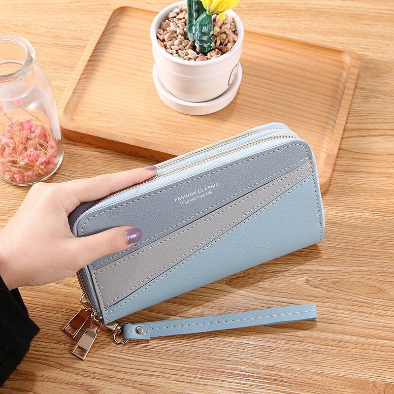 Nueva cartera con doble cremallera para mujer, larga, estilo coreano, con costuras en contraste de color, gran capacidad, doble capa, cartera para teléfono móvil_voghion.com