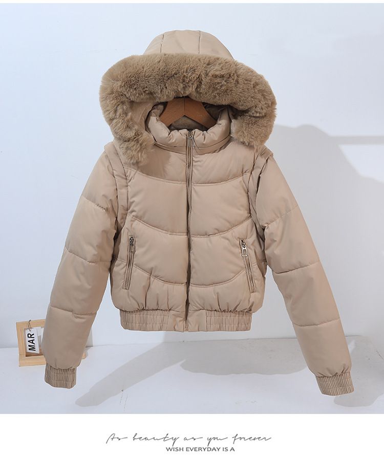 Doudoune courte convertible à manches amovibles et capuche en fausse fourrure pour femme - Manteau d'hiver taille haute doublé polaire épaisse_voghion.com