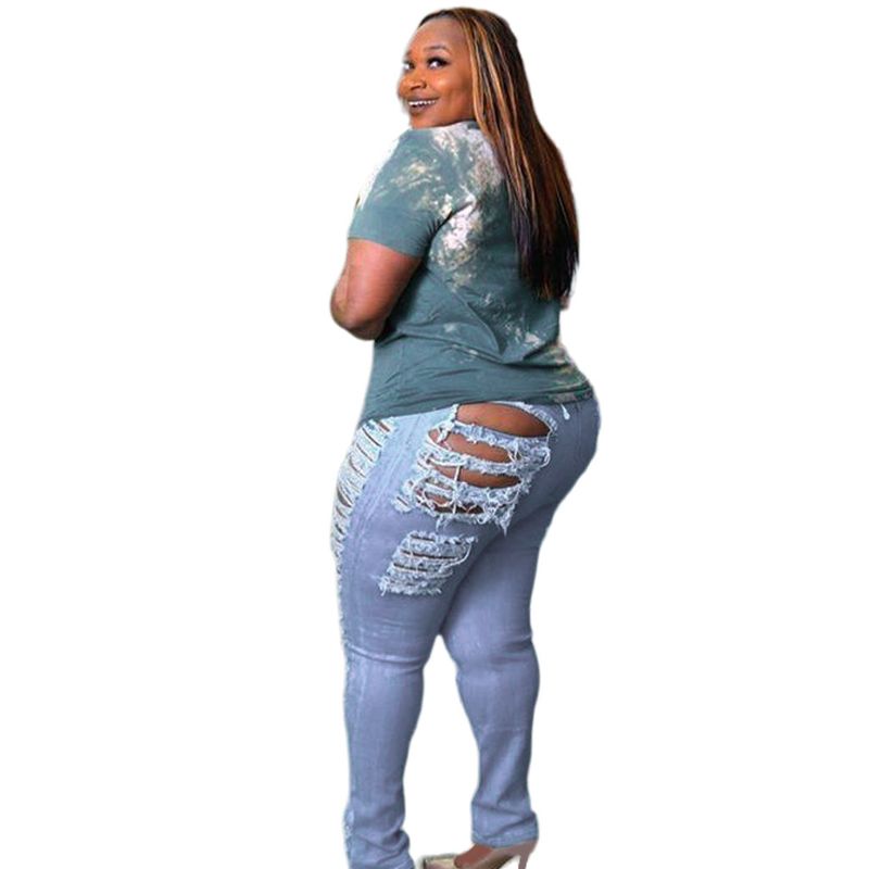 Dameskleding HSF2328 grote maten dameskleding gepersonaliseerde gescheurde slanke stretchdenim petite broek_voghion.com