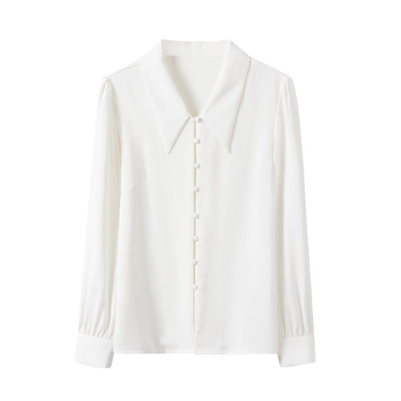 Abbigliamento donna Ripresa reale di una camicia a maniche lunghe primaverile e autunnale, top da donna, scollo a V, maniche a sbuffo, temperamento OL, camicia in raso_voghion.com