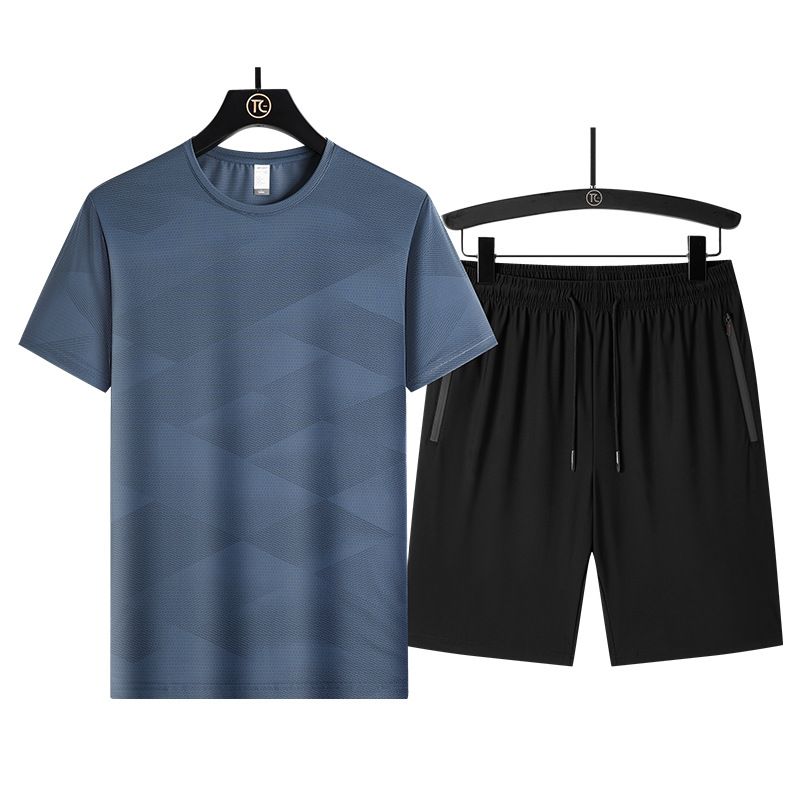 Conjunto de nailon y seda de hielo para hombre, combinado con pantalones cortos Five Cent de manga corta para negocios, absorbe el sudor y es transpirable._voghion.com