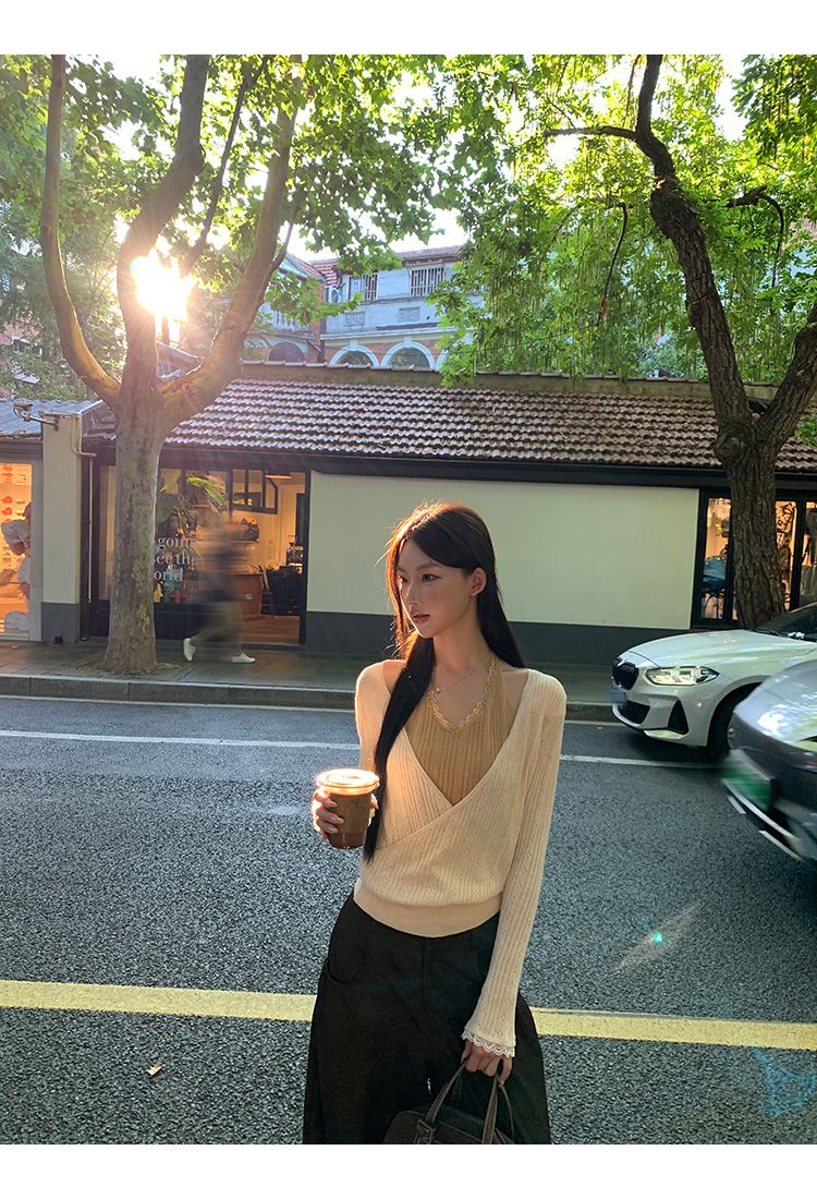 Gestrickt für Frauen im koreanischen Stil, Frühherbst-Outfit, Top, zweiteiliges Atmosphärendesign, sexy, schmale Passform_voghion.com