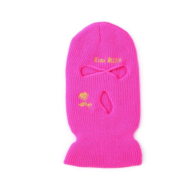 Cappello lavorato a maglia a tre fori per autunno e inverno con ricamo di rose - Cappello caldo per l'inverno e l'autunno per sci, ciclismo e attività all'aperto_voghion.com