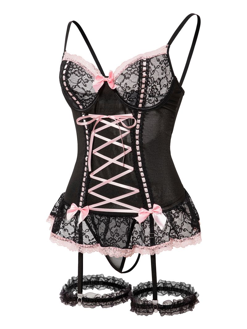 Pure Desire Girl Style Sexy Perspective Lace Bow With Leg Circumference One-piece Lingerie Set_voghion.com