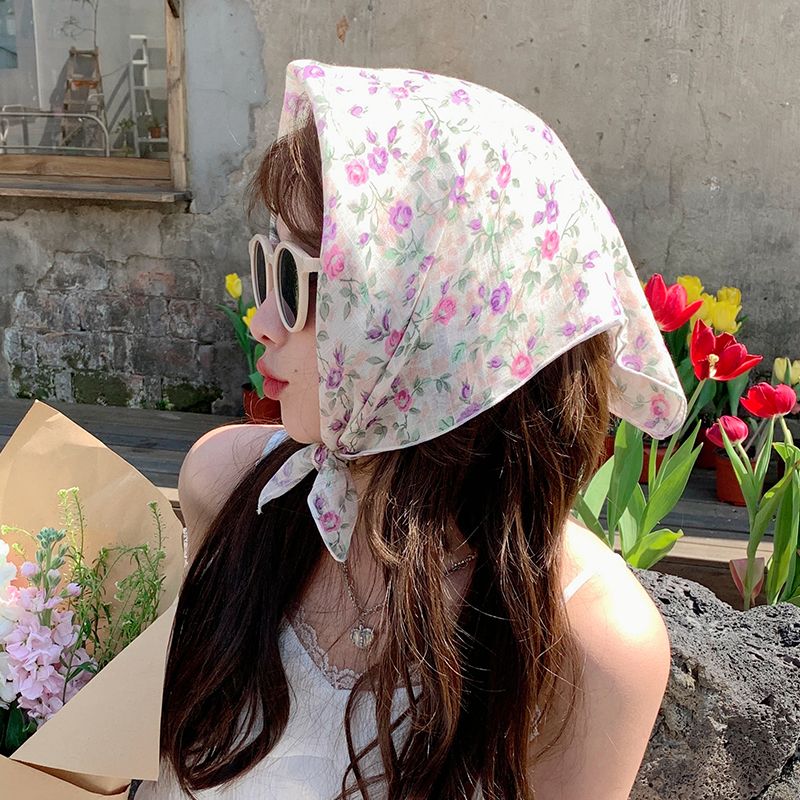 New Spring/Summer Sunscreen Small Square Printed Cotton and Linen Women's Versatile Headband Autumn Fashion Decorative_voghion.com