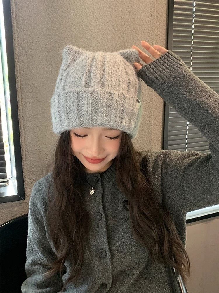 Cat Ear Knitted For Women, Autumn And Winter New Japanese Style Warm Cute Knit Hat, Korean Version Thickened Versatile_voghion.com