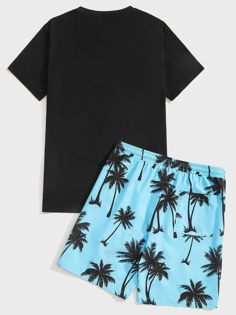Conjunto de camiseta de manga corta de algodón con estampado hawaiano y pantalones cortos a juego para hombre: un atuendo de verano transpirable para playa, vacaciones y uso informal._voghion.com
