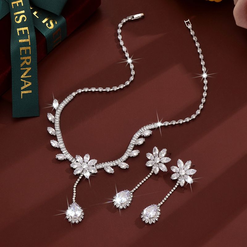 Women's Jewelry Set Fashion Trend Zircon Luxury Necklace Earrings Set Hot Style Wearing Skirt Pink Flower Tassel_voghion.com