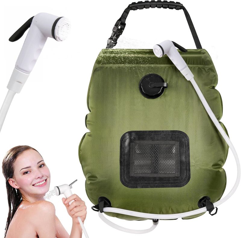Geantă de duș portabilă pentru camping, 20L, cu energie solară, încălzitor de apă portabil pentru exterior, cu termometru, furtun de 6ft, material PVC negru pentru încălzire rapidă_voghion.com