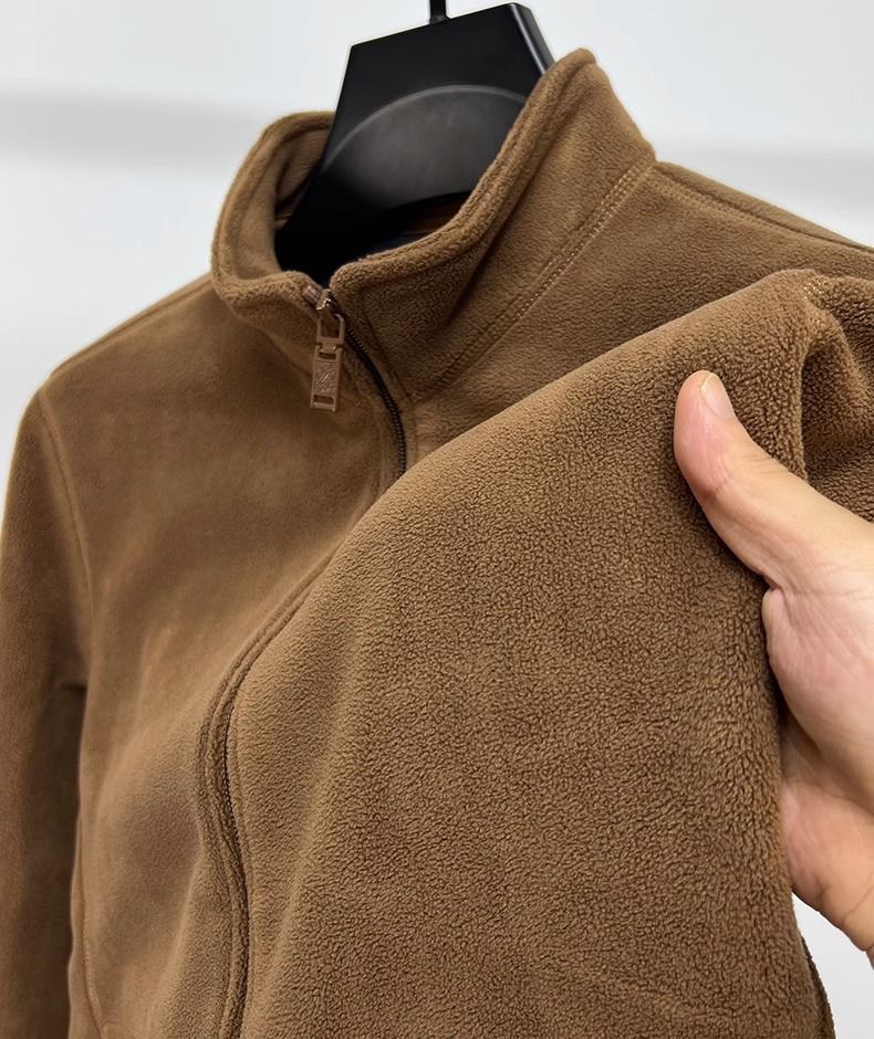 Giacca in pile con collo alto e cerniera da uomo - Cappotto invernale caldo e spesso con cappuccio in tinta unita per abbigliamento casual all'aperto_voghion.com