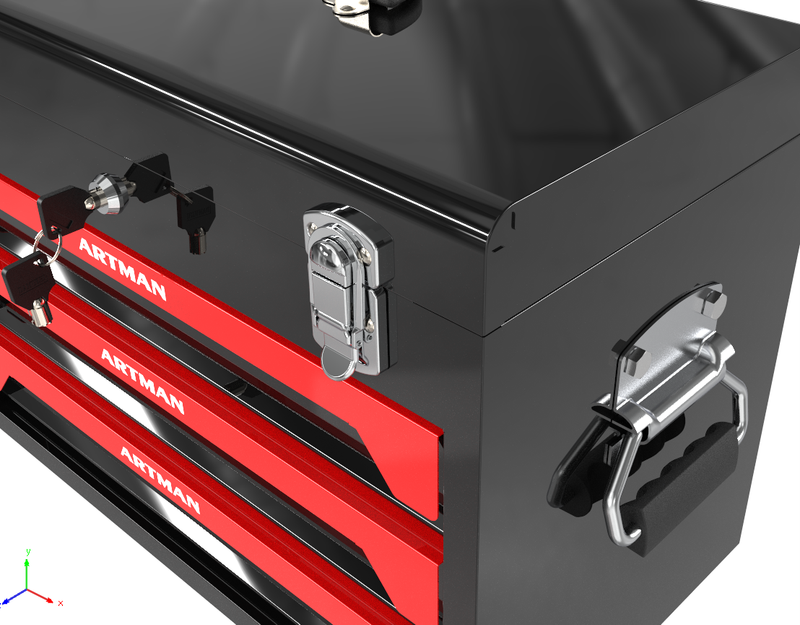 20'' Portable 3-Drawer Steel Toolbox, 4 Layers Of Tools With Metal Latches, With Top Storage Tray And Carrying Handle, Multi-Function Tool Storage For Garage, Home, Or Workbench ,Black&Red_voghion.com